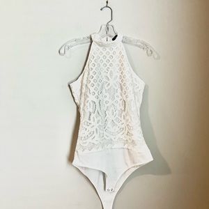 Nanamacz White Ivory Lace Floral V Neck Halter Tank Bodysuit Top M Size
